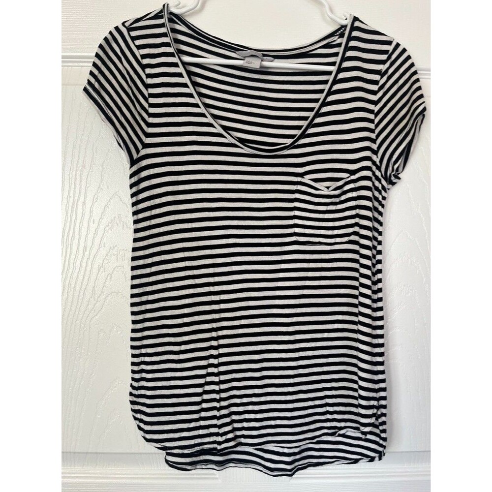 H&M T-Shirt Pocket Striped Size Small Black White Nautical Relaxed Fit Drape